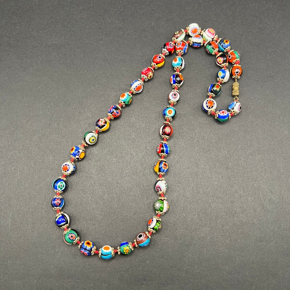 Vintage Venetian Millefiori Glass Beaded Necklace Hand Knotted 24" - Picture 7 of 10